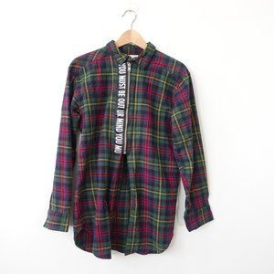 JAPANESE Plaid Shirt Men Small Blue Tartan Check Flannel Open Waist Streetwear